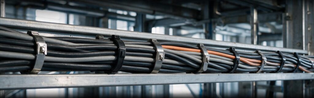 Bridas para trenes y barcos sujetando un mazo de cables sobre una estructura de acero