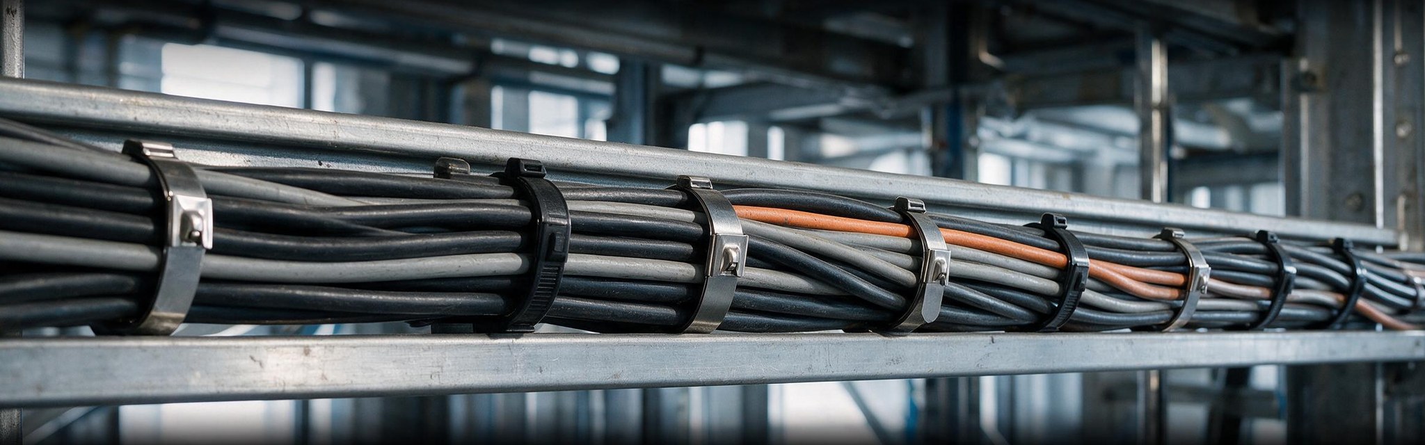 Bridas para trenes y barcos sujetando un mazo de cables sobre una estructura de acero