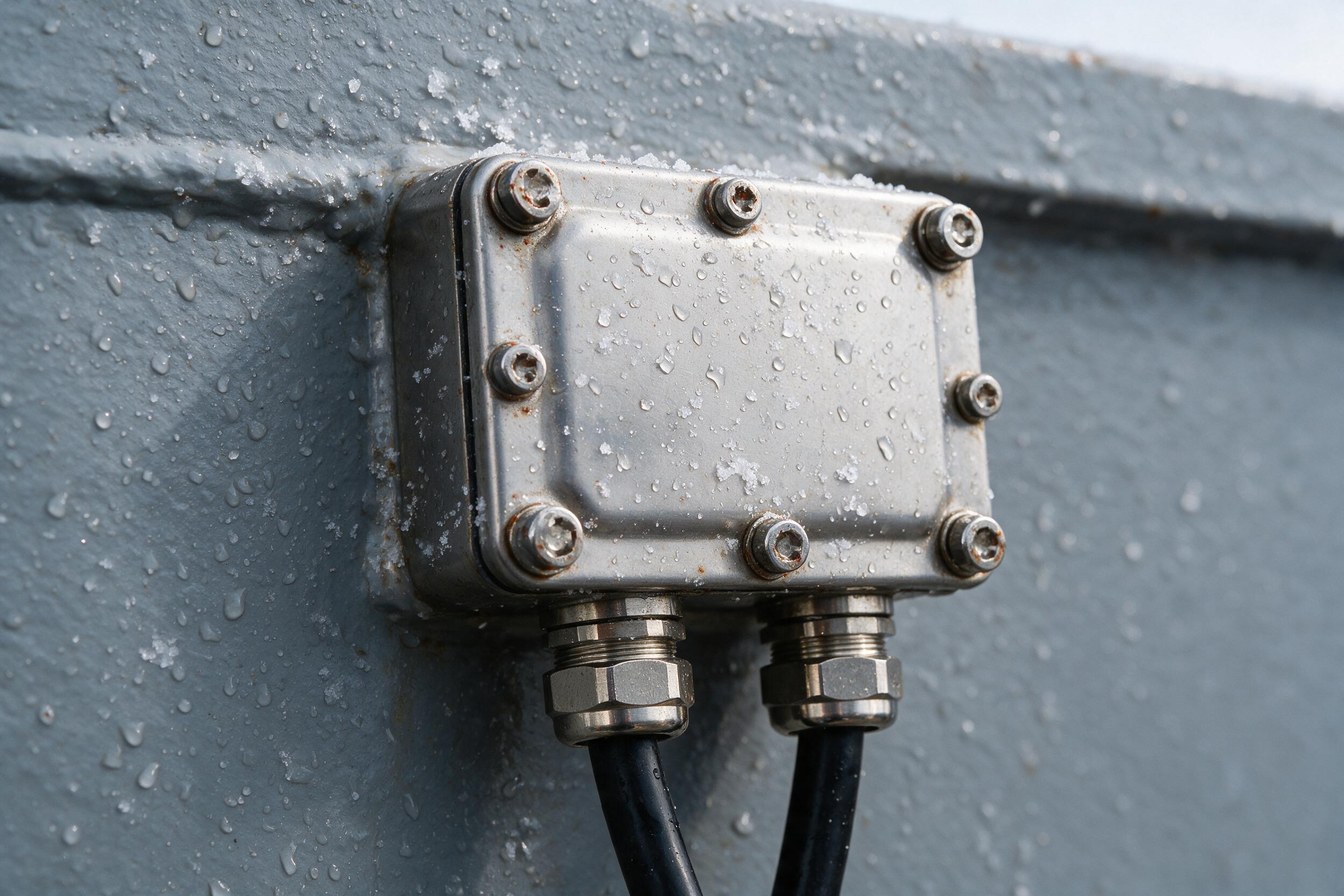 Material eléctrico naval y offshore: checklist antes de pedir material 1 Material eléctrico naval en cubierta: envolvente de acero inoxidable con prensaestopas, cubierta de sal y gotas de agua
