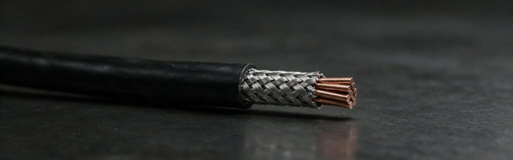 Material eléctrico naval: cable armado cortado, con la trenza metálica y los conductores de cobre a la vista
