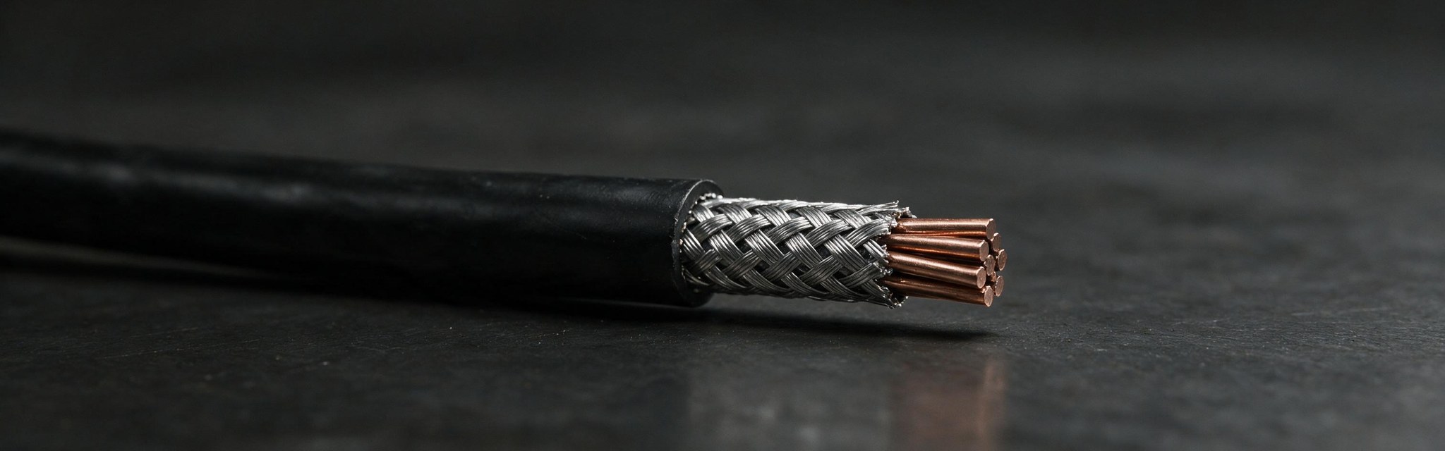 Cable armado cortado, con el armado a la vista Material eléctrico naval: cable armado cortado, con la trenza metálica y los conductores de cobre a la vista