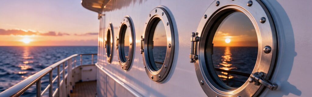 Portillos para barcos: tipos, características y cómo elegir el adecuado 1 Portillos para barcos instalados en el costado de un buque al atardecer