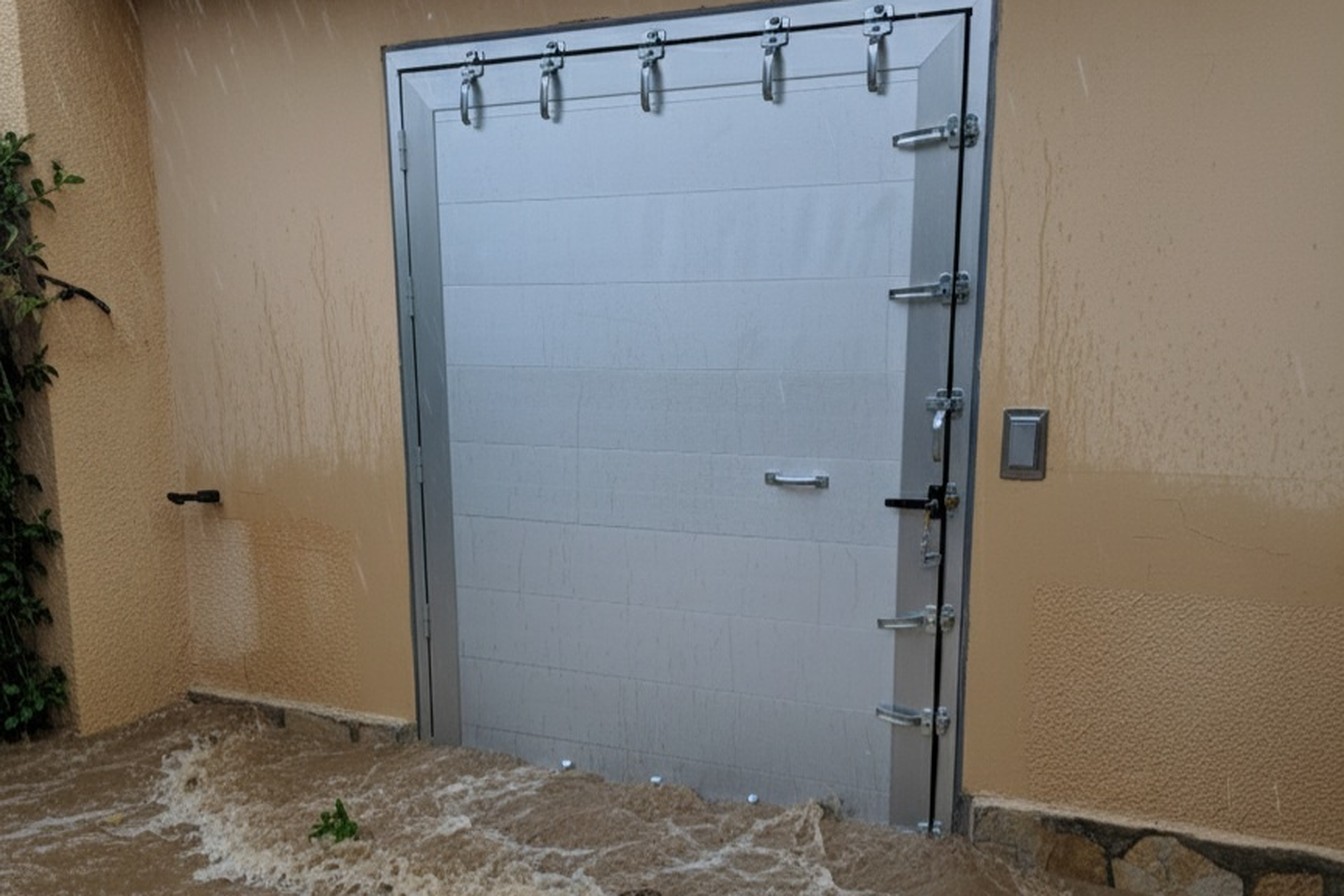 ¿Cuánto cuesta una barrera anti inundación? Inversión frente al coste de una inundación 3 Agua embalsada contra una puerta anti inundación durante una riada